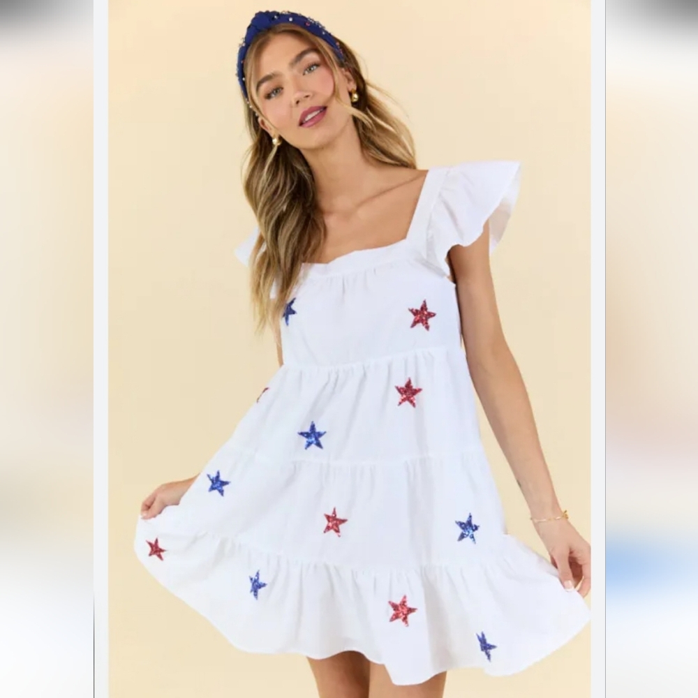 Pink Lily Patriotic America 4th Of July White Dress with Red and Blue Stars